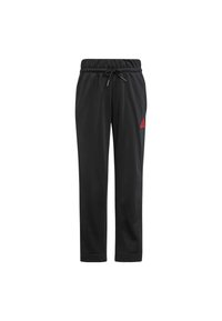 Pantalon de survêtement noir avec une taille élastique à cordon de serrage, en tissu doux, comportant un petit logo rouge sur le côté gauche. Design à jambe droite.