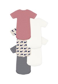 Σετ από πέντε βρεφικά φορμάκια: κόκκινο με ρίγες, λευκό, μπεζ με σχέδιο φάλαινας, μπλε με ρίγες και μονόχρωμο γκρι. Απαλό ύφασμα, κοντά μανίκια, στρογγυλεμένα τελειώματα.