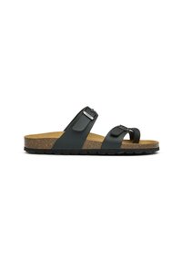 Black sandals with two adjustable straps, cork footbed, and textured black outsole. Features metal accents and minimalistic design.