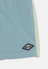 Shorts bleu clair avec un accent vert à l'ourlet. Présente des coutures blanches contrastantes et une patch logo noir, blanc et gris.