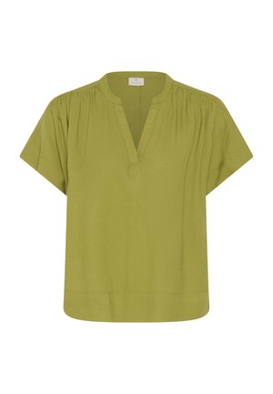 Groene blouse met korte mouwen, V-hals en lichte plooitjes bij de schoudernaden, gemaakt van lichtgewicht stof.