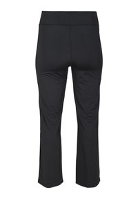 Black athletic pants with a fitted design, smooth texture, mid-rise waistband, and cropped length, featuring no visible patterns or hardware.