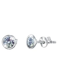Zilveren stud oorbellen met ronde, facetgeslepen kristallen in lichtpaars en heldere kleuren, elk omringd door een gepolijste metalen behuizing.