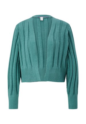 Cardigan court en maille bleu sarcelle avec côtes verticales, manches longues et col ouvert à l'avant.