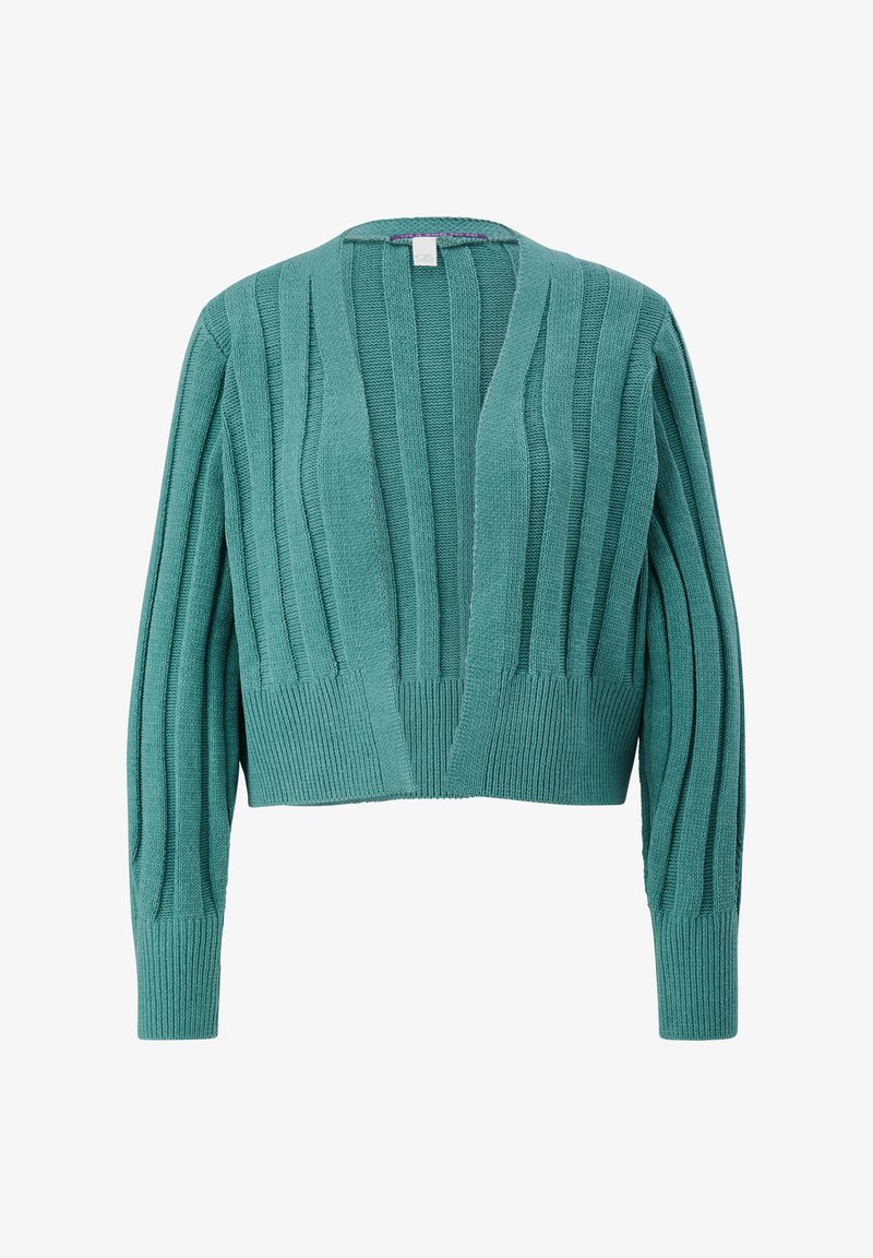 Cardigan court en maille bleu sarcelle avec côtes verticales, manches longues et col ouvert à l'avant.