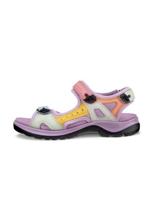 Multifarvet sandal med syntetisk overdel, der har lavendel-, gul- og pinknuancer. Justerbare stropper med spænde og tekstureret sål.