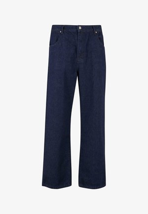 Široke kavbojke v temno modrem denimu, z petimi žepi, zankami za pas in zapiranjem na gumb. Gladka tekstura s kontrastnimi šivi.