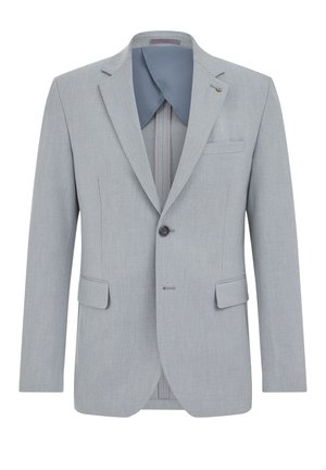 Moško sivi blazer z izrezanim ovratnikom, en gumb za zapiranje, dvema sprednjima žepoma s poklopcem in enim prsnikom z režo.