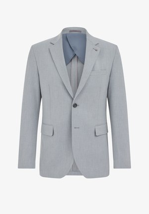 Moško sivi blazer z izrezanim ovratnikom, en gumb za zapiranje, dvema sprednjima žepoma s poklopcem in enim prsnikom z režo.