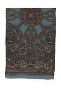 Foulard paisley multicolore in tessuto morbido; presenta motivi intricati in turchese, marrone e oro, con bordi frangiati per un tocco di texture.