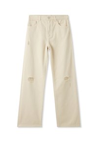 Jeans beige a gamba larga realizzati in denim, caratterizzati da toppe strappate sul davanti. Design standard a cinque tasche con chiusura a bottone e zip.