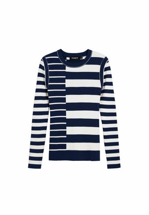 Pulover tricotat cu mâneci lungi, cu dungi alternante înguste și late, în nuanțe de albastru închis și alb. Textură reiată și decolteu rotund.