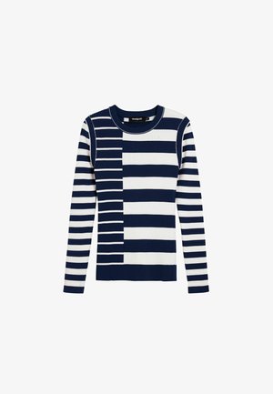 Suéter tejido de manga larga con franjas alternas estrechas y anchas en azul marino y blanco. Textura acanalada y escote redondo.