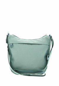 Sac à bandoulière en textile vert avec une surface texturée, doté d'une fermeture éclair supérieure et d'une sangle ajustable pour plus de commodité lors du transport.