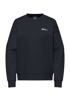 Sweatshirt bleu marine en tissu doux, avec un col rond, des manches longues, des poignets côtelés et un petit logo blanc sur la poitrine.