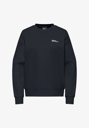 Navyblauwe sweatshirt van zacht materiaal, met een ronde hals, lange mouwen, ribgebreide boorden en een klein wit logo op de borst.