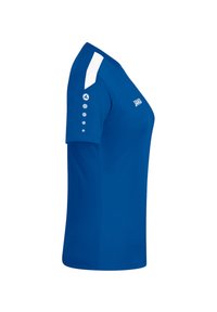 Maglietta atletica blu con maniche corte, caratterizzata da accenti bianchi sulle spalle e dettagli circolari sulle maniche. Realizzata in tessuto leggero.