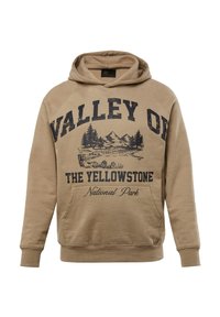 Felpa beige con tasca frontale, caratterizzata da un design grafico di montagne e alberi, e la scritta "VALLE DEL PARCO NAZIONALE YELLOWSTONE" in blu navy.