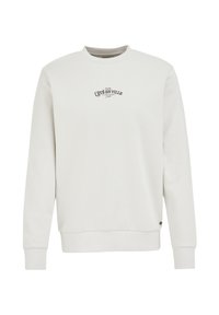 Light gray crewneck sweatshirt made of cotton, featuring a small embroidered logo on the chest and ribbed cuffs and hem. Soft texture.