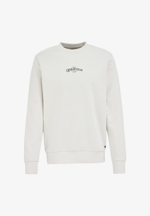 Sudadera de cuello redondo de color gris claro, hecha de algodón, con un pequeño logo bordado en el pecho y puños y dobladillo acanalados. Textura suave.