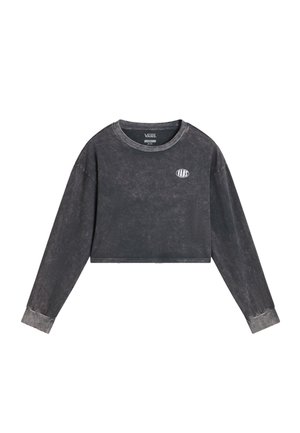 Felpa nera corta con maniche lunghe, texture sbiadita, scollo a coste e logo Vans sul petto. Presenta una vestibilità comoda.