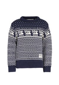 Marinblått stickat tröja med vita Fair Isle-mönster, som visar renar och geometriska design. Ribbad mudd och nederkant, med en etikettdetalj.