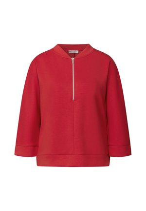 Red sweatshirt with a high collar, quarter zip, and three-quarter sleeves. Smooth fabric texture with a relaxed fit.
