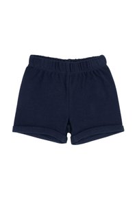 Pantalones cortos de algodón azul marino con una cinturilla elástica, que presentan una tela texturizada y un dobladillo plegado. Sin bolsillos ni elementos de diseño adicionales.