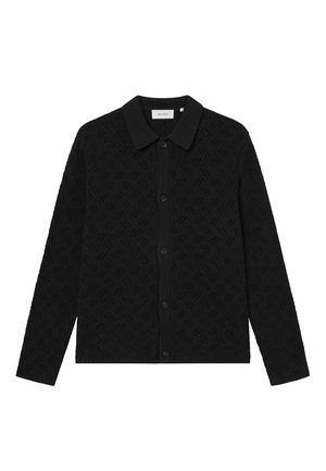 Black knitted button-up shirt with a textured pattern, featuring a collar and long sleeves. Smooth fabric and button closures visible.