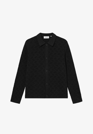 Black knitted button-up shirt with a textured pattern, featuring a collar and long sleeves. Smooth fabric and button closures visible.