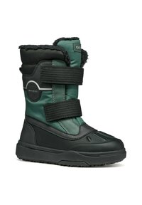 Bota de invierno verde y negra con suela de goma texturizada, cuello de felpa y dos correas de Velcro. Fabricada con material impermeable.