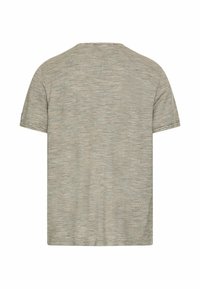 Beige T-shirt med korte ærmer og rund hals med diskret horisontalt stribemønster, vist bagfra på hvid baggrund.