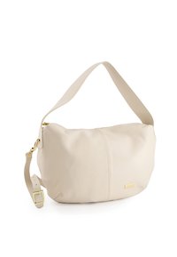 Beige Leder-Umhängetasche mit glatter Oberfläche, geschwungener Form, verstellbarem Riemen und goldfarbener Hardware. Verfügt über ein Logo-Detail.