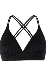 Čierny rebrovaný bikini top s trojuholníkovými košíčkami a tenkými dvojitými ramienkami, ktoré sa krížia na chrbte, navrhnutý pre pevné a podporné nosenie.