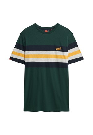 Green cotton T-shirt with horizontal navy, gray, and yellow stripes. Features a small logo on the chest and a classic crew neckline.