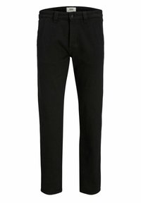 Pantalones de algodón negros con corte recto, que cuentan con cierre de botones y trabillas para cinturón. Textura suave sin patrones ni detalles visibles.