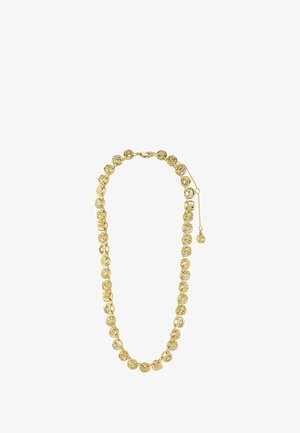 Ogrlica zlatne boje s okruglim i kvadratnim karikama, ukrašena složenim teksturiranim uzorcima i podesivim kopčama za sigurno pristajanje.