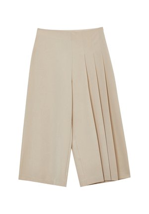 Beige knielange Rock mit breiten Falten auf einer Seite und einem glatten flachen Panel auf der anderen Seite, aus leichtem Stoff gefertigt.