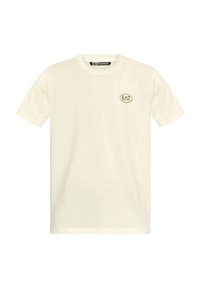 T-shirt a maniche corte color crema in cotone, con scollatura rotonda e un piccolo logo EA7 in beige sul petto sinistro.