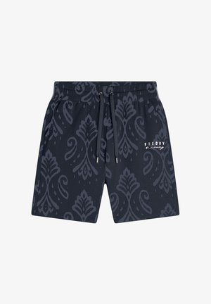 Pantalones cortos de color azul marino con un diseño floral, cinturilla elástica y cordón ajustable. Presenta un pequeño logotipo en blanco.