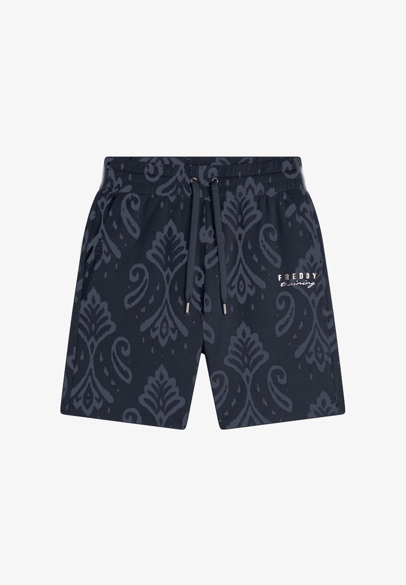 Pantalones cortos de color azul marino con un diseño floral, cinturilla elástica y cordón ajustable. Presenta un pequeño logotipo en blanco.