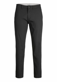 Schwarze, schmal geschnittene Hosen mit Knopf- und Reißverschluss, Gürtelschlaufen und geradem Bein.