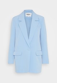 Ljusblå kavaj med en strukturerad design, som har en notch-lapel, två framfickor och en enkel knappstängning. Slät, lättviktsmaterial.