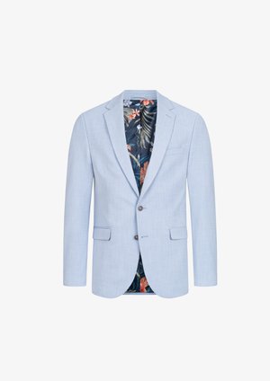 Helles blaues Blazer aus strukturiertem Stoff, mit einem Innenfutter im floralem Muster in Grün- und Rottönen, zwei vorderen Taschen und Knöpfen.