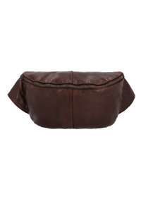 Braune Lederbauchtasche mit glatter Textur, Reißverschluss und geschwungenem Design, ausgestattet mit seitlichen Klappen für zusätzliche Details.