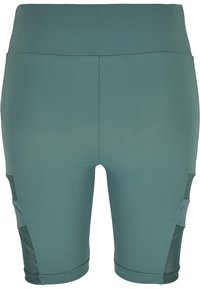 Shorts sportivi color teal con vita alta, tessuto liscio e pannelli in rete laterali per traspirabilità. Presentano cuciture sovrapposte e una vestibilità aderente.