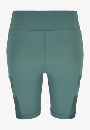 Teal atletiske shorts med høj talje, glat stof og mesh-sider for åndbarhed. Har stikninger og en tætsiddende design.