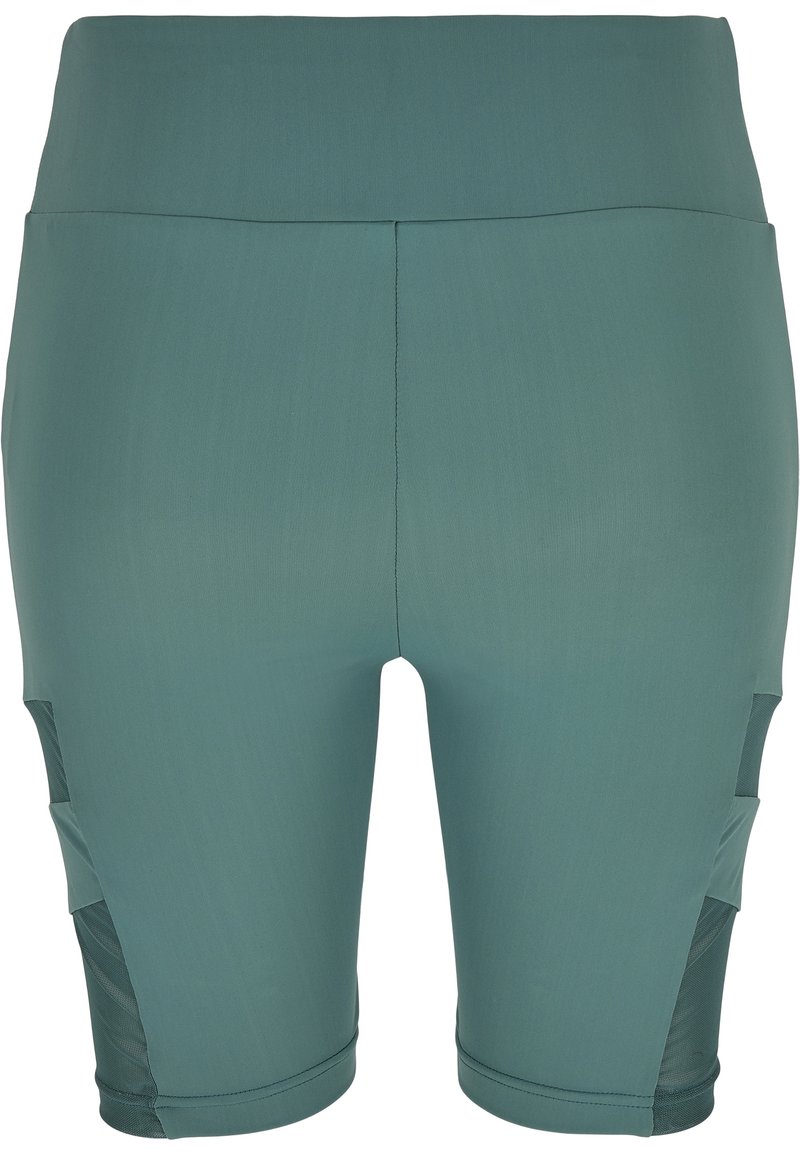 Shorts sportivi color teal con vita alta, tessuto liscio e pannelli in rete laterali per traspirabilità. Presentano cuciture sovrapposte e una vestibilità aderente.