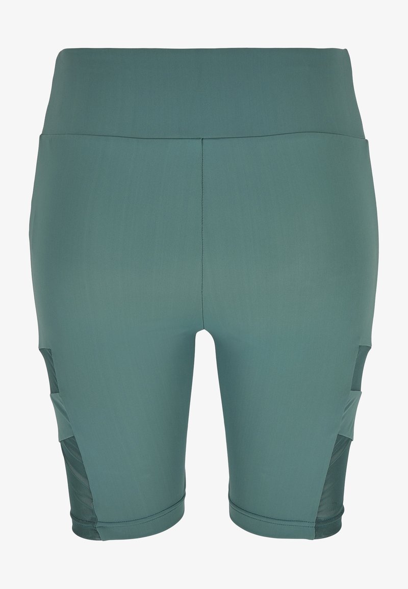 Shorts sportivi color teal con vita alta, tessuto liscio e pannelli in rete laterali per traspirabilità. Presentano cuciture sovrapposte e una vestibilità aderente.
