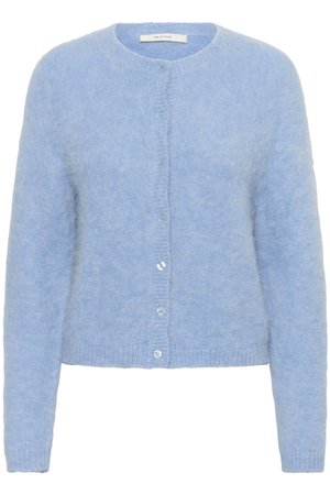 Light blue cardigan made of soft, textured fabric. Features a round neckline, long sleeves, and six matching buttons along the front.